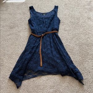 Navy Asymmetrical Lace Dress with Brown Belt